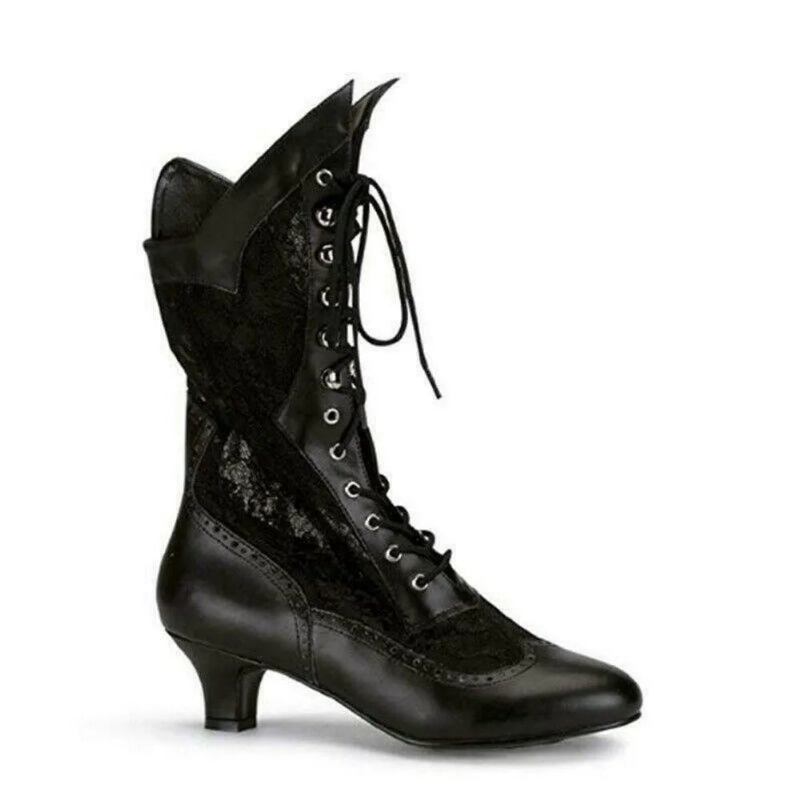 Viktorianische Stiefel Mit Spitzer Spitze Halbhoher Schaft Leder Ausgehöhlt Punk Schnürung Seltsame High Heels - Schwarz