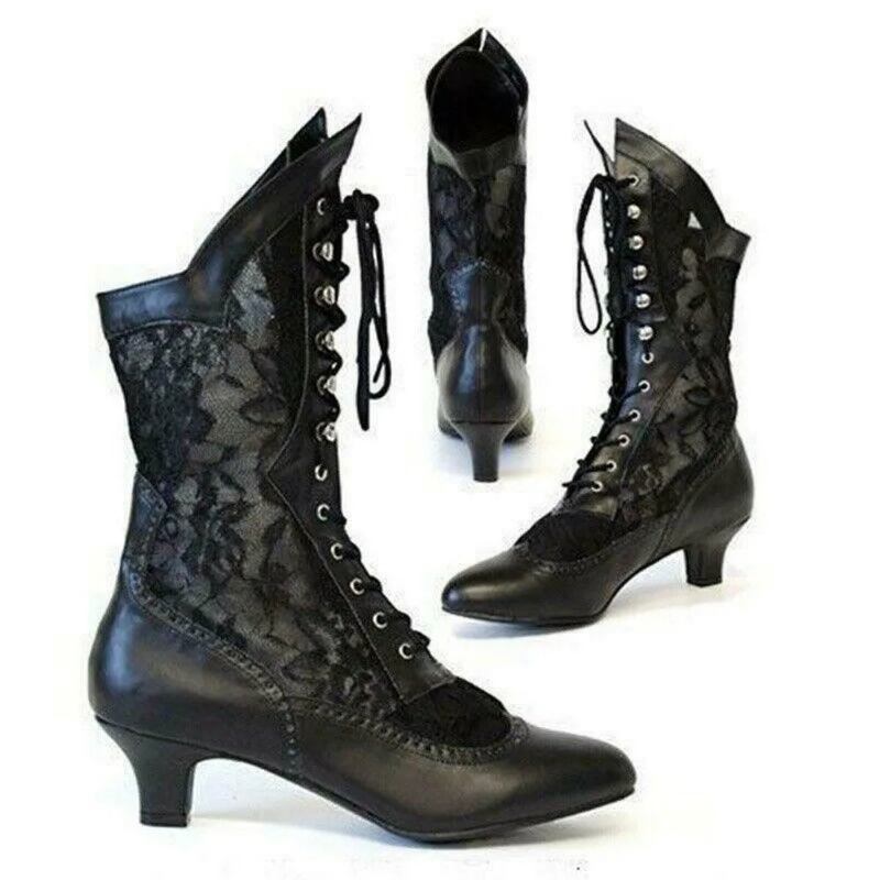 Viktorianische Stiefel Mit Spitzer Spitze Halbhoher Schaft Leder Ausgehöhlt Punk Schnürung Seltsame High Heels - Schwarz