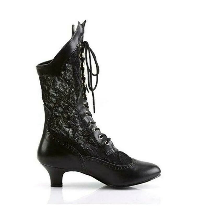 Viktorianische Stiefel Mit Spitzer Spitze Halbhoher Schaft Leder Ausgehöhlt Punk Schnürung Seltsame High Heels - Schwarz