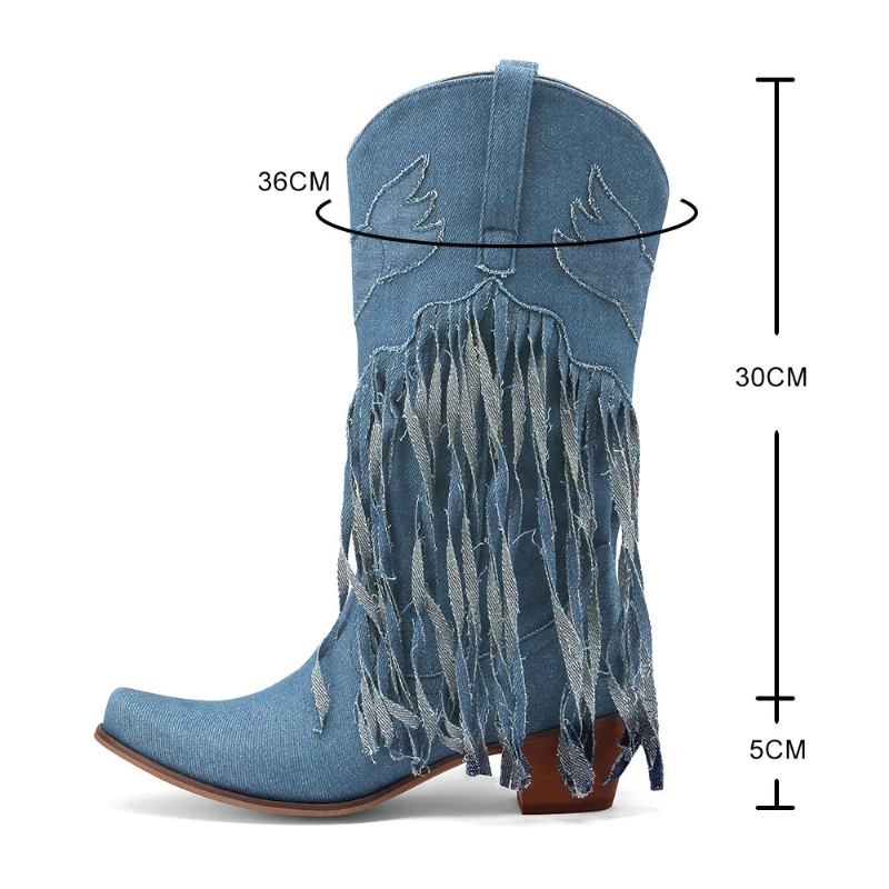 Vintage-jeansstiefel Mit Quaste Spitze Zehenpartie Retro-stiefel Mit Wadenhöhe Damenschuhe Mit Absätzen Bestickte Stiefel - Blau