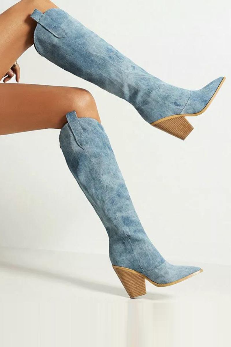 Westernstiefel Für Damen Aus Denim Kniehohe Stiefel Mit Keilabsatz Cowboystiefel Mit Hohem Absatz Zum Hineinschlüpfen Herbst-winter-damenschuhe