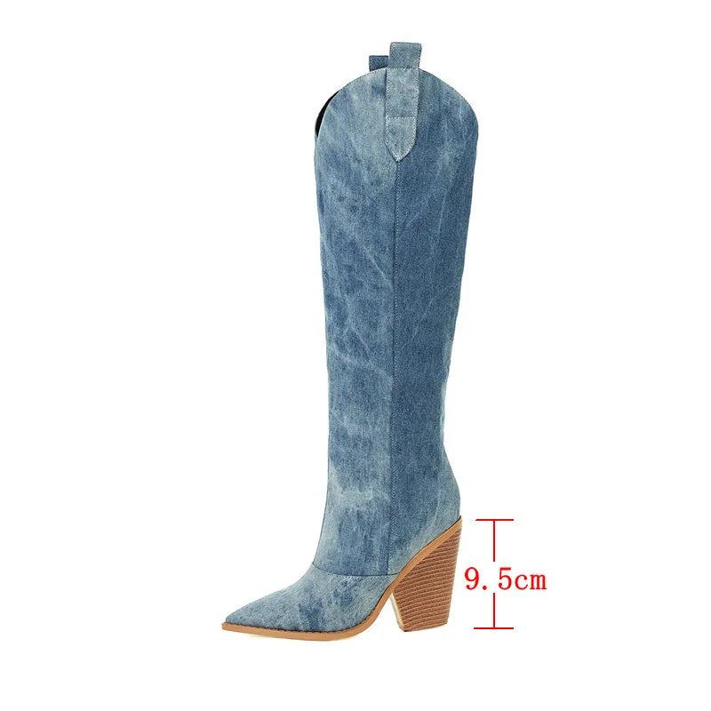 Westernstiefel Für Damen Aus Denim Kniehohe Stiefel Mit Keilabsatz Cowboystiefel Mit Hohem Absatz Zum Hineinschlüpfen Herbst-winter-damenschuhe - Blau