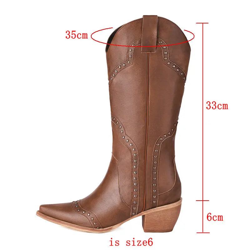 Westernstiefel Für Damen Mit Nieten Herbst Leder Keilabsatz Kniehohe Stiefel Winter Cowboystiefel Für Mädchen - Beige