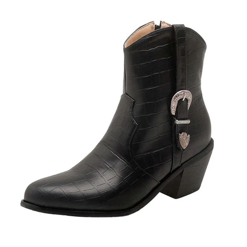 Winter Klassische Chelsea-stiefel Für Damen Gürtelschnalle Spitz Zulaufend Keilabsatz Stiefeletten Schlichte Bequeme Cowboystiefel - Schwarz