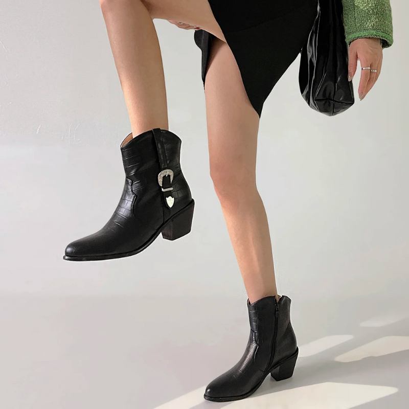 Winter Klassische Chelsea-stiefel Für Damen Gürtelschnalle Spitz Zulaufend Keilabsatz Stiefeletten Schlichte Bequeme Cowboystiefel - Schwarz