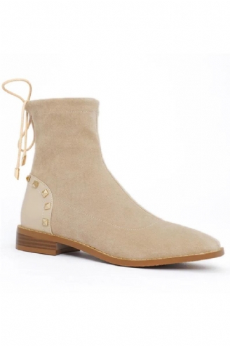 Winter-plüschstiefeletten Für Damen Beige Stretch Lässig Quadratische Zehenpartie Niedriger Blockabsatz Schnürung Nieten Kurze Stiefel