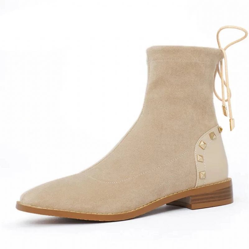 Winter-plüschstiefeletten Für Damen Beige Stretch Lässig Quadratische Zehenpartie Niedriger Blockabsatz Schnürung Nieten Kurze Stiefel - Schwarz