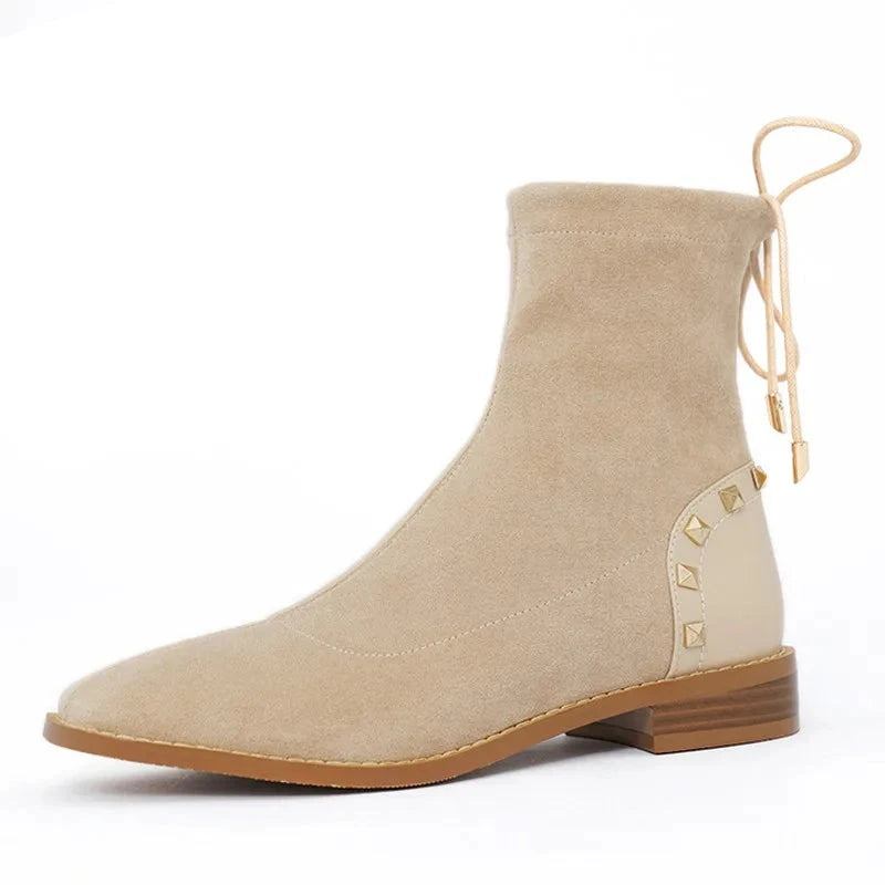 Winter-plüschstiefeletten Für Damen Beige Stretch Lässig Quadratische Zehenpartie Niedriger Blockabsatz Schnürung Nieten Kurze Stiefel - Schwarz