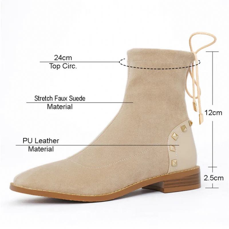 Winter-plüschstiefeletten Für Damen Beige Stretch Lässig Quadratische Zehenpartie Niedriger Blockabsatz Schnürung Nieten Kurze Stiefel - Schwarz