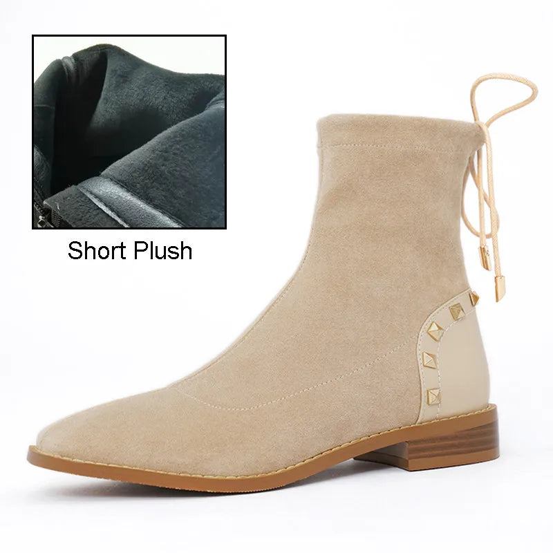 Winter-plüschstiefeletten Für Damen Beige Stretch Lässig Quadratische Zehenpartie Niedriger Blockabsatz Schnürung Nieten Kurze Stiefel - Schwarz