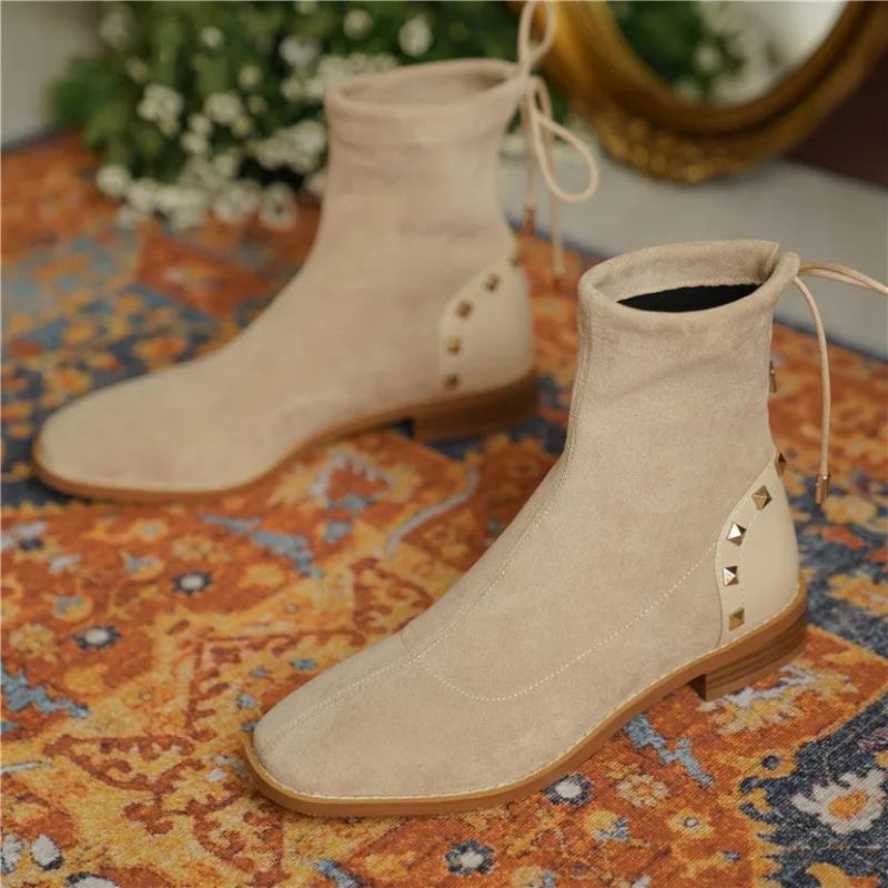 Winter-plüschstiefeletten Für Damen Beige Stretch Lässig Quadratische Zehenpartie Niedriger Blockabsatz Schnürung Nieten Kurze Stiefel - Schwarz