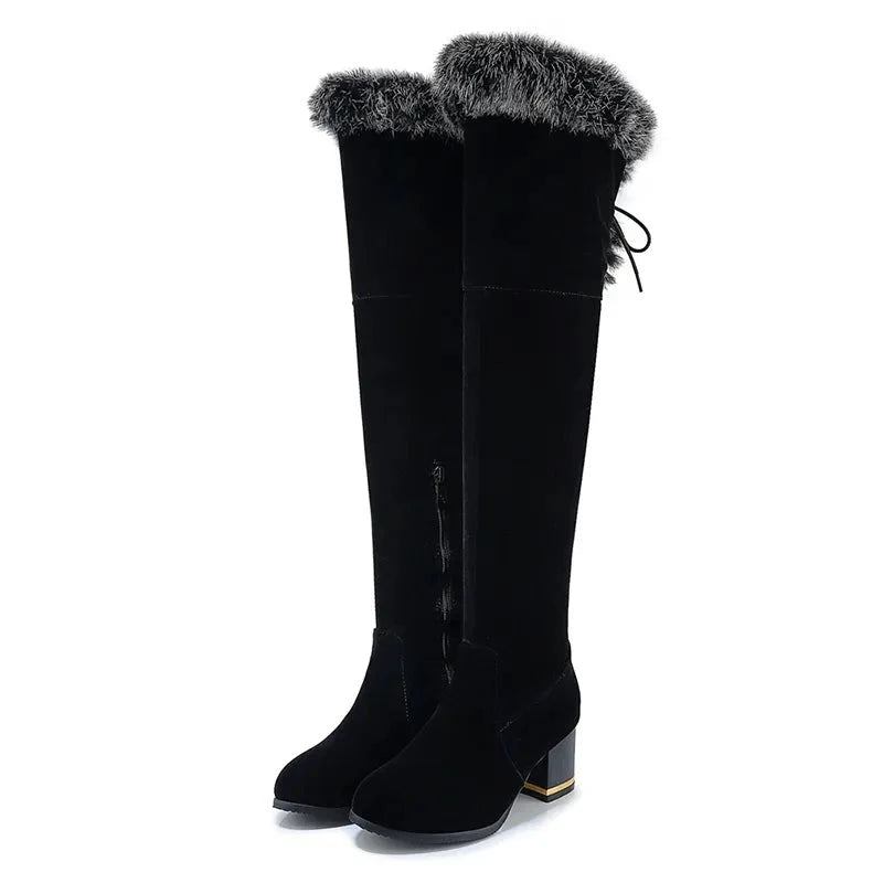 Winterstiefel Aus Naturfell Für Damen Kniehoch Lange Stiefel Quadratischer Absatz Winterschuhe Für Wasserdichte Gummisohle - Schwarz