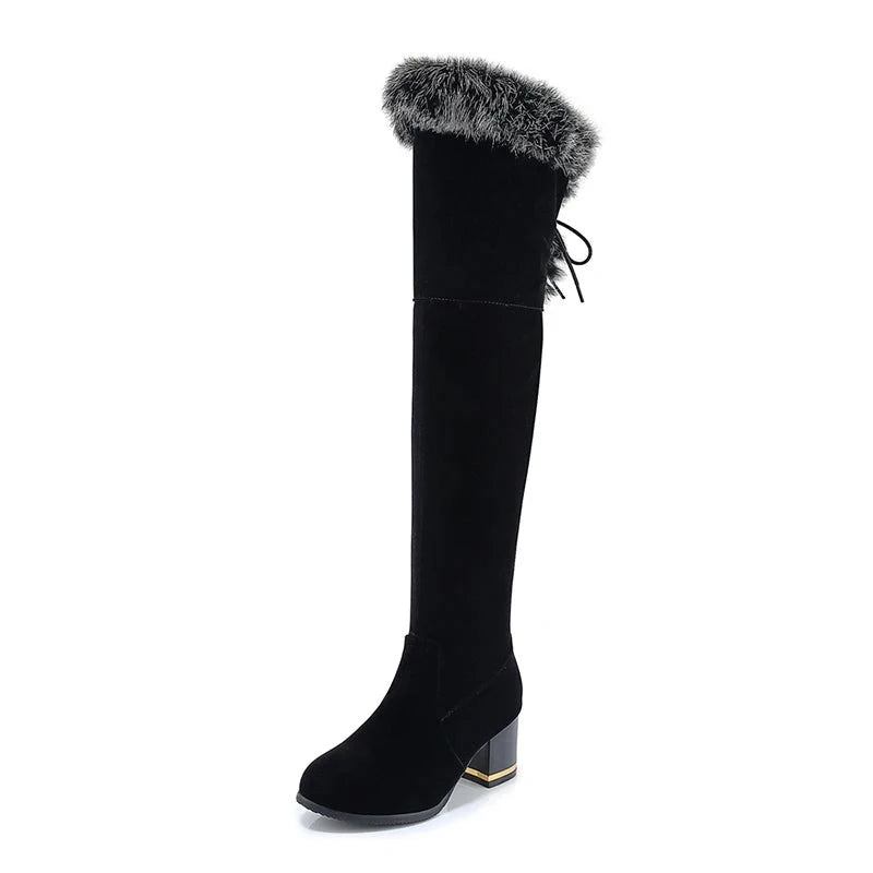 Winterstiefel Aus Naturfell Für Damen Kniehoch Lange Stiefel Quadratischer Absatz Winterschuhe Für Wasserdichte Gummisohle - Schwarz