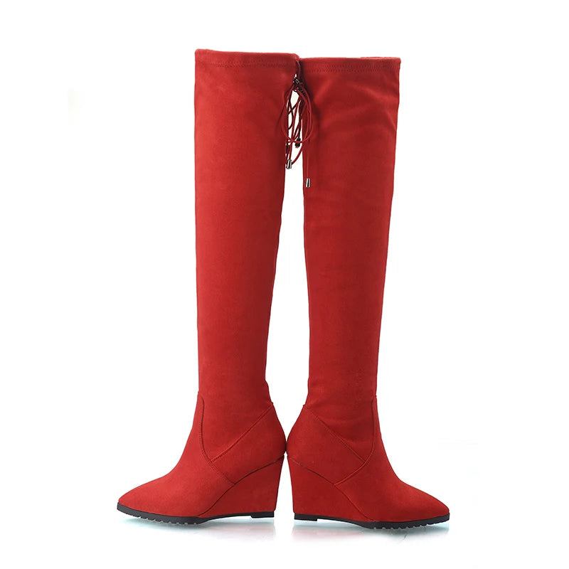 Winterstiefel Damen Solide Keilschuhe Absätze Overknee Stiefel Elegant - Rot