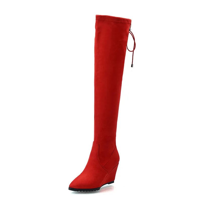 Winterstiefel Damen Solide Keilschuhe Absätze Overknee Stiefel Elegant - Rot