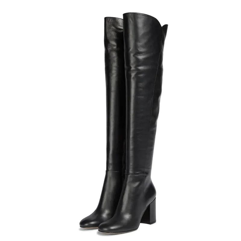 Winterstiefel Für Damen High Heels Aus Echtem Leder Reißverschluss Luxuriöse Overknee-stiefel - Schwarz