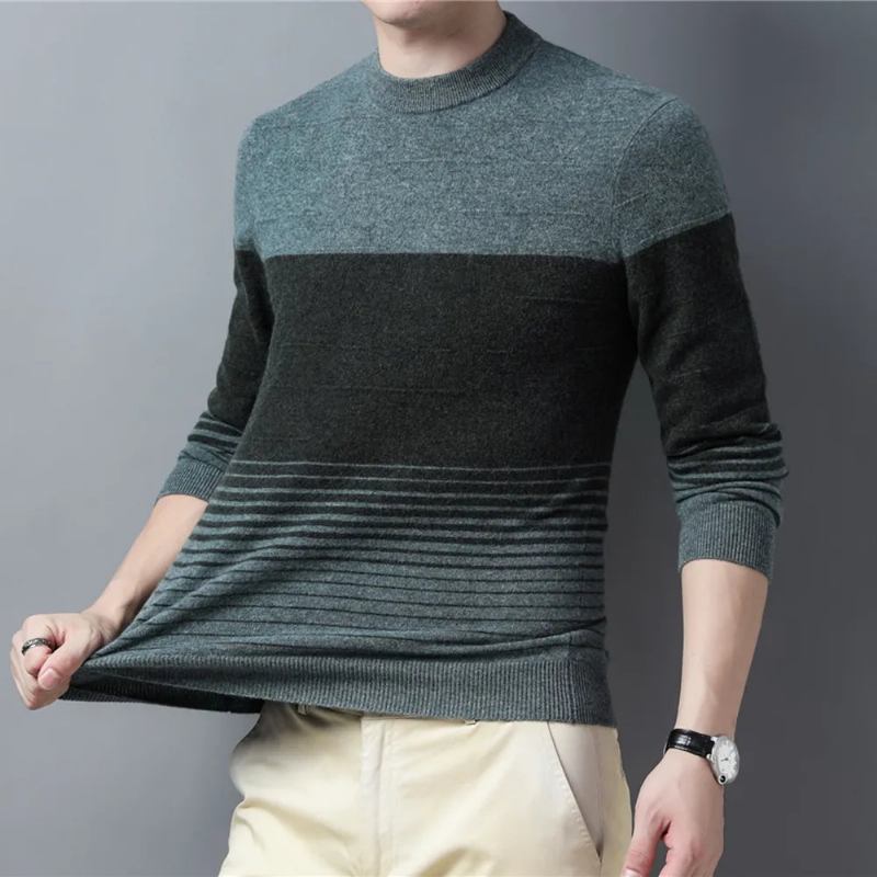 Gestreifter Rundhalspullover Aus Wolle Herrenbekleidung Herbst-winter Neuankömmling Klassischer Pullover Pull Homme - Grün