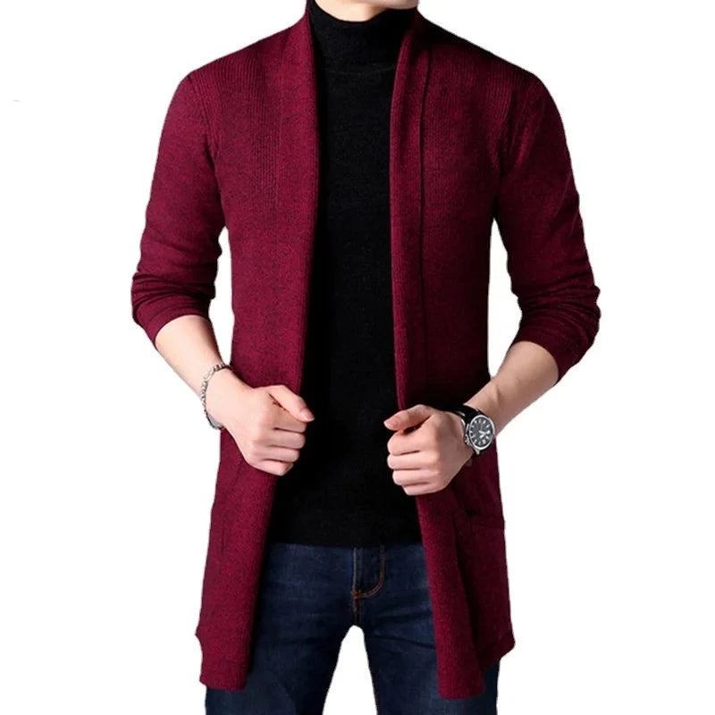 Herbst-strickpullover Jacke Für Herren Schmal Lang Einfarbig Lässiger Pullover Für Strickjacke - Schwarz