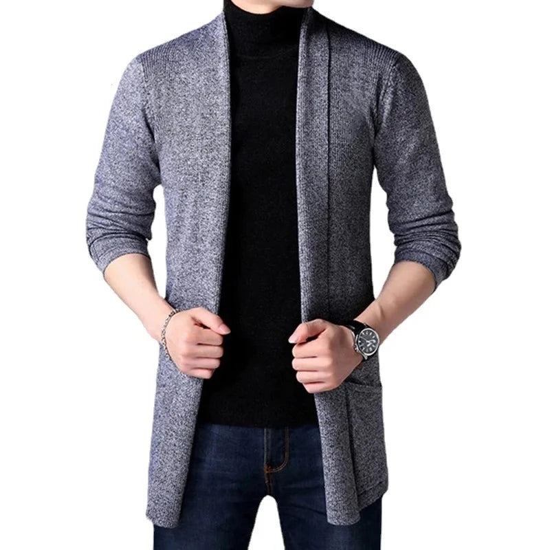 Herbst-strickpullover Jacke Für Herren Schmal Lang Einfarbig Lässiger Pullover Für Strickjacke - Schwarz