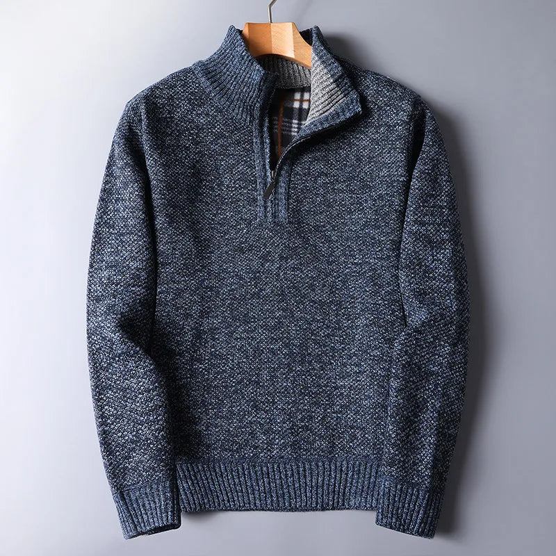 Herbst Winter Dicker Warmer Pullover Stehkragenpullover Für Herren Reißverschluss Schmale - Blau