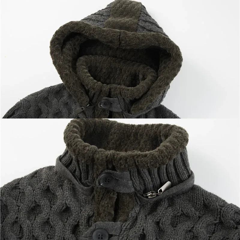 Herren Pullover Strickjacke Jacke Gestrickt Lässiger Mantel Mit Kapuze Warm Dick Oberbekleidung - Schwarz