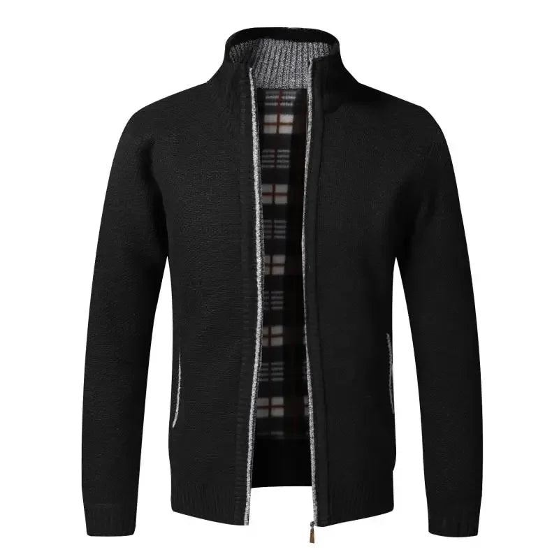 Herren Strick Cardigan Winter Vintage Warm Fleece Kleidung Über Slim Fit Pullover Männlich Oberbekleidung Mantel - Schwarz