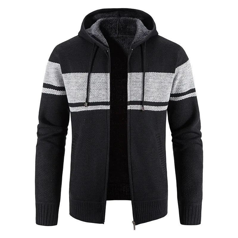 Herren-strickpullover Herbst Und Winter Gestreifte Fleecejacke Mit Kapuze Dick Warm Mäntel - Schwarz