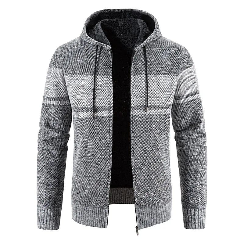 Herren-strickpullover Herbst Und Winter Gestreifte Fleecejacke Mit Kapuze Dick Warm Mäntel - Schwarz