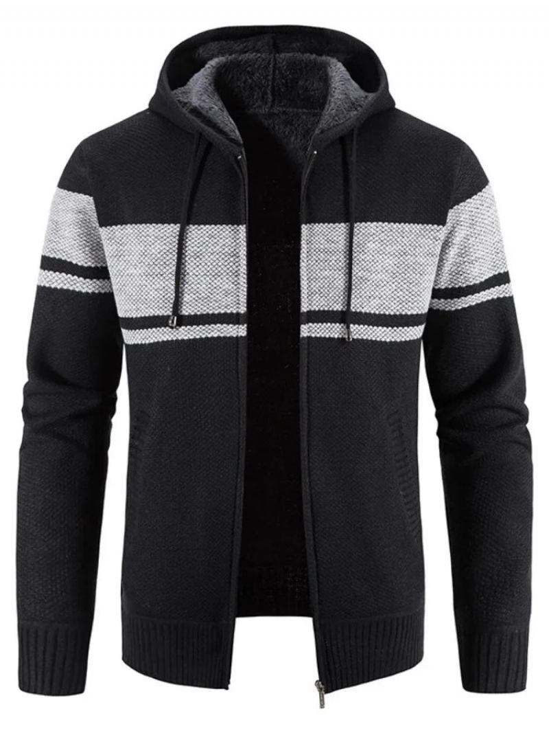 Herren-strickpullover Herbst Und Winter Gestreifte Fleecejacke Mit Kapuze Dick Warm Mäntel - Schwarz