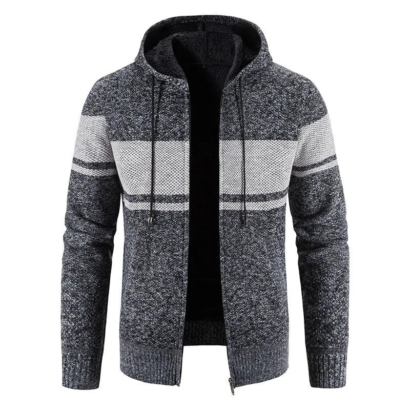 Herren-strickpullover Herbst Und Winter Gestreifte Fleecejacke Mit Kapuze Dick Warm Mäntel - Schwarz