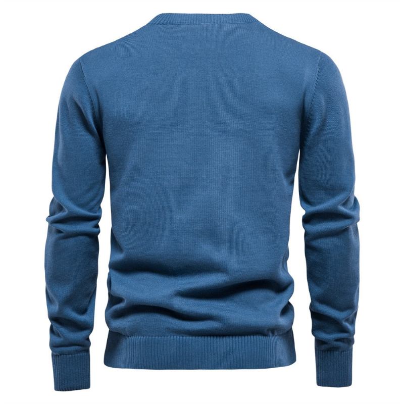 Herrenpullover Mit Henley-kragen 100 % Baumwolle Einfarbig Lässige Neue Dünne Hochwertige Herbstpullover Für Herren - Blau