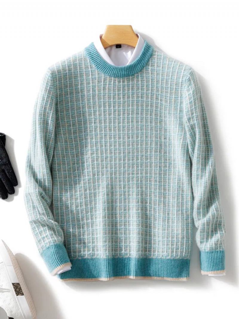 Pullover Aus Reinem Kaschmir Für Herren Mit Rundhalsausschnitt Hochwertige Dicke Strickjacke Warmes Jugendhemd - Blau