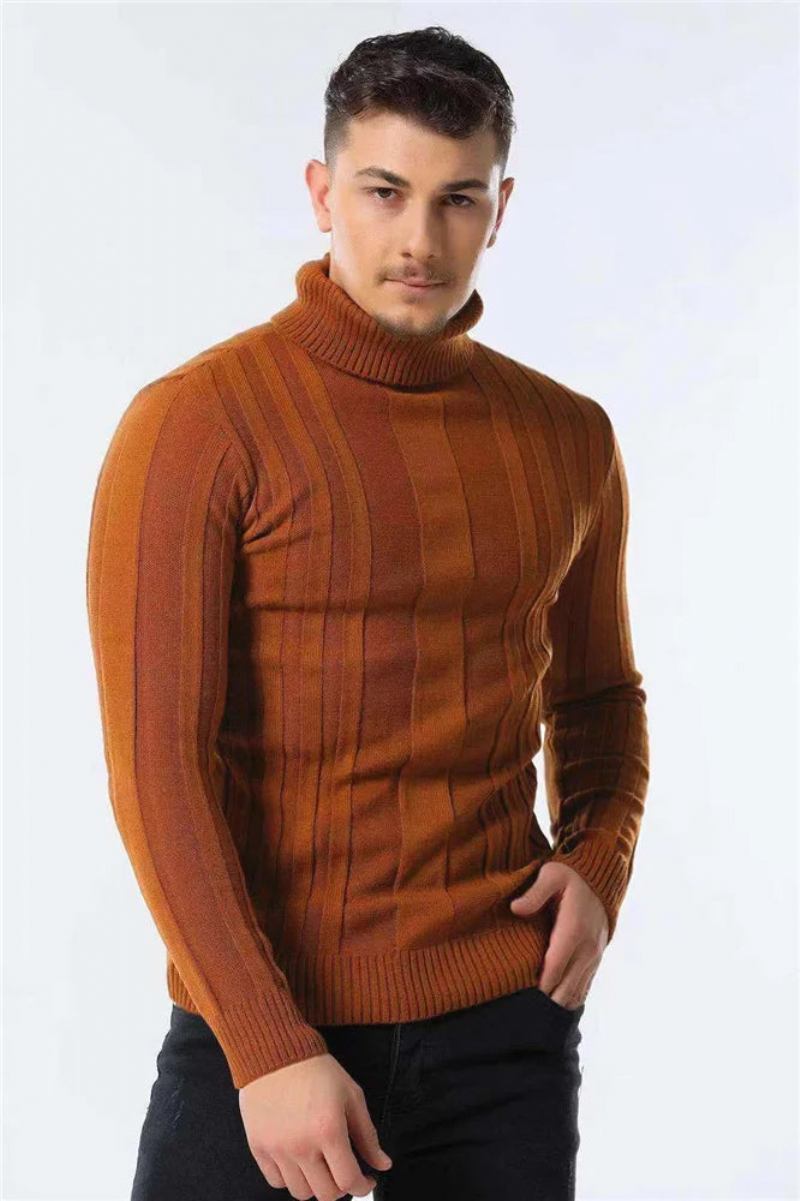 Pullover Mit Rollkragen Für Herren Lässig Basic Einfarbig Warm Gestreifter Für Winter Für - Braun