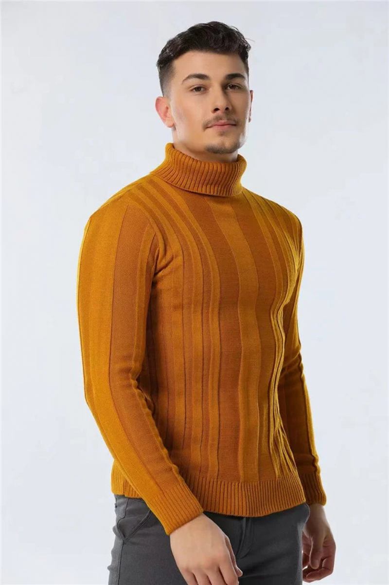 Pullover Mit Rollkragen Für Herren Lässig Basic Einfarbig Warm Gestreifter Für Winter Für - Braun