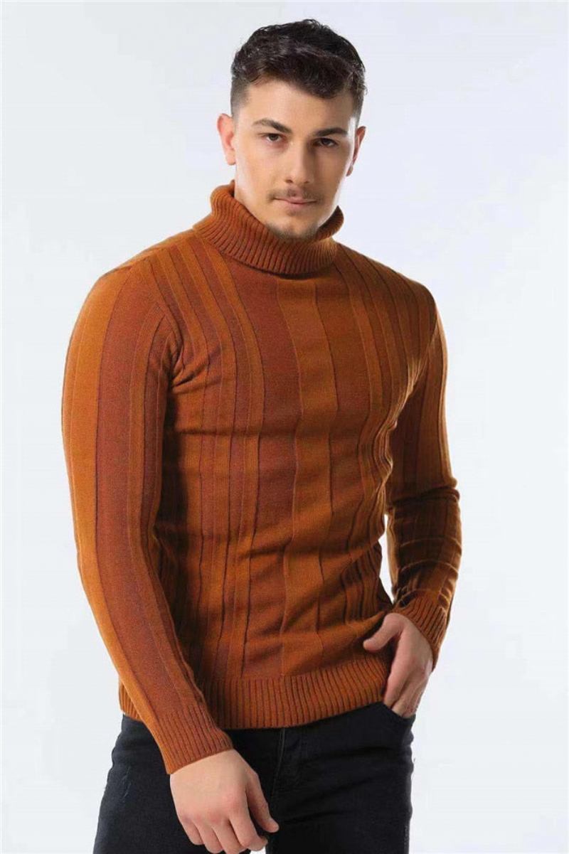 Slim Fit-pullover Mit Rollkragen Für Herren Lässig Basic Einfarbig Warm Gestreifter Pullover Für Neue Winterpullover Für - Braun