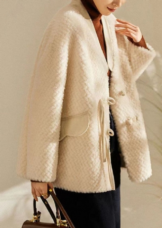 Beige Patchwork-wolljacke Mit Chinesischen Knöpfen Für Damen Winter