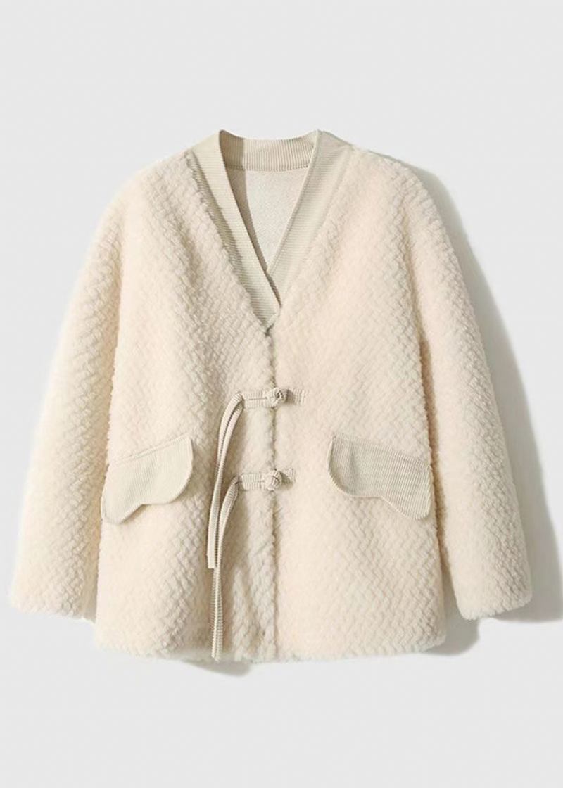 Beige Patchwork-wolljacke Mit Chinesischen Knöpfen Für Damen Winter - Damen-Wollmäntel