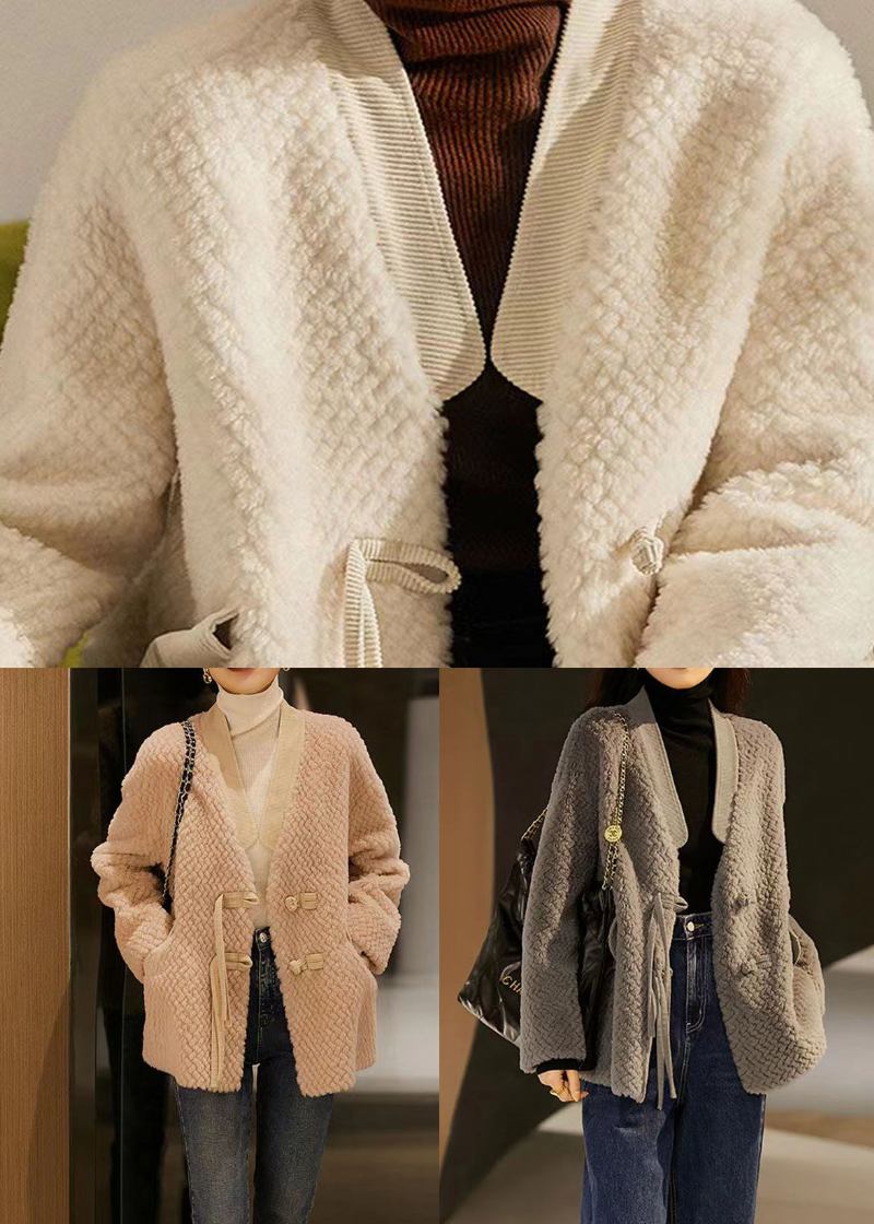 Beige Patchwork-wolljacke Mit Chinesischen Knöpfen Für Damen Winter - Damen-Wollmäntel