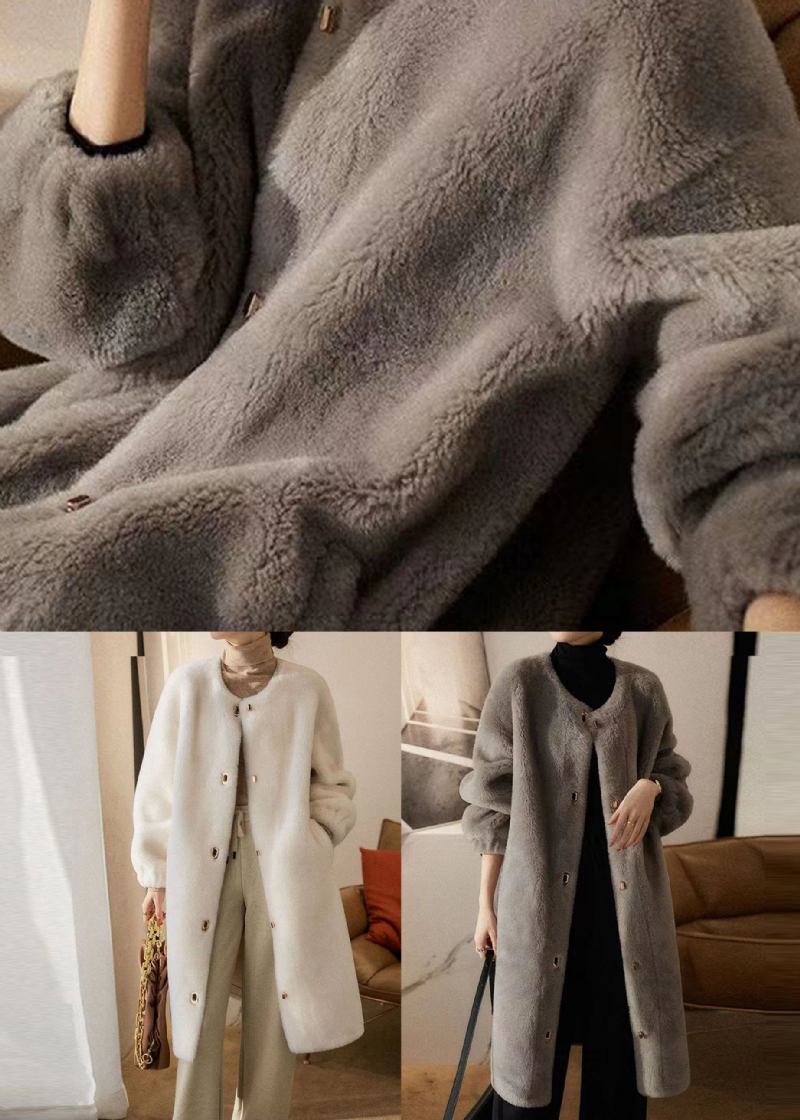 Beige Patchwork-wolloberbekleidung Mit Rundhalsausschnitt Und Taschen Für Den Winter - Damen-Wollmäntel