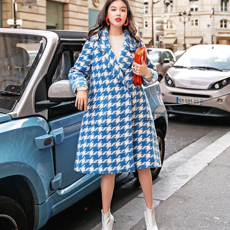 Blau-weiß Karierter Wollmantel Für Damen Lässig Gekerbter Langer Mantel Boutique-taschen Lange Mäntel