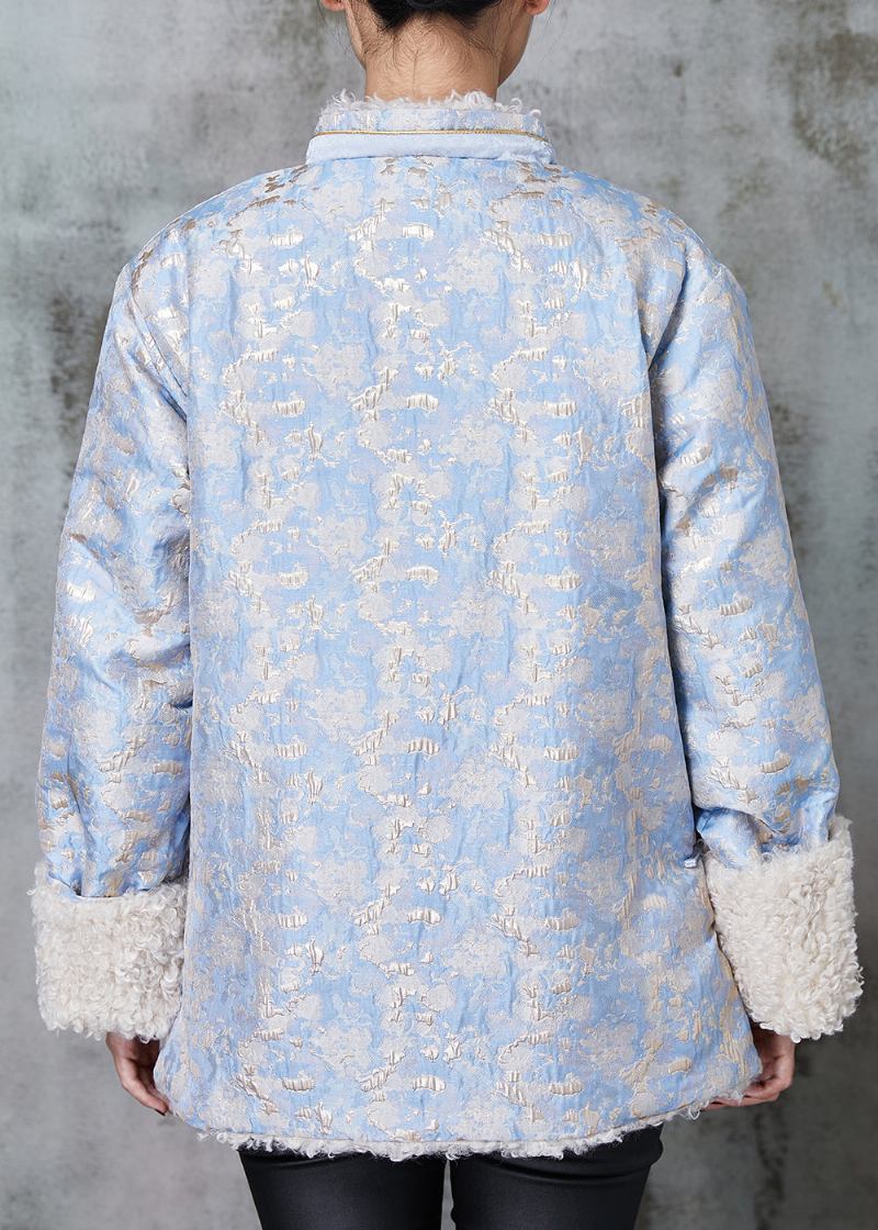 Blauer Jacquard-fleece-wollfuttermantel Oberbekleidung Chinesischer Knopf Frühling - Damen-Wollmäntel