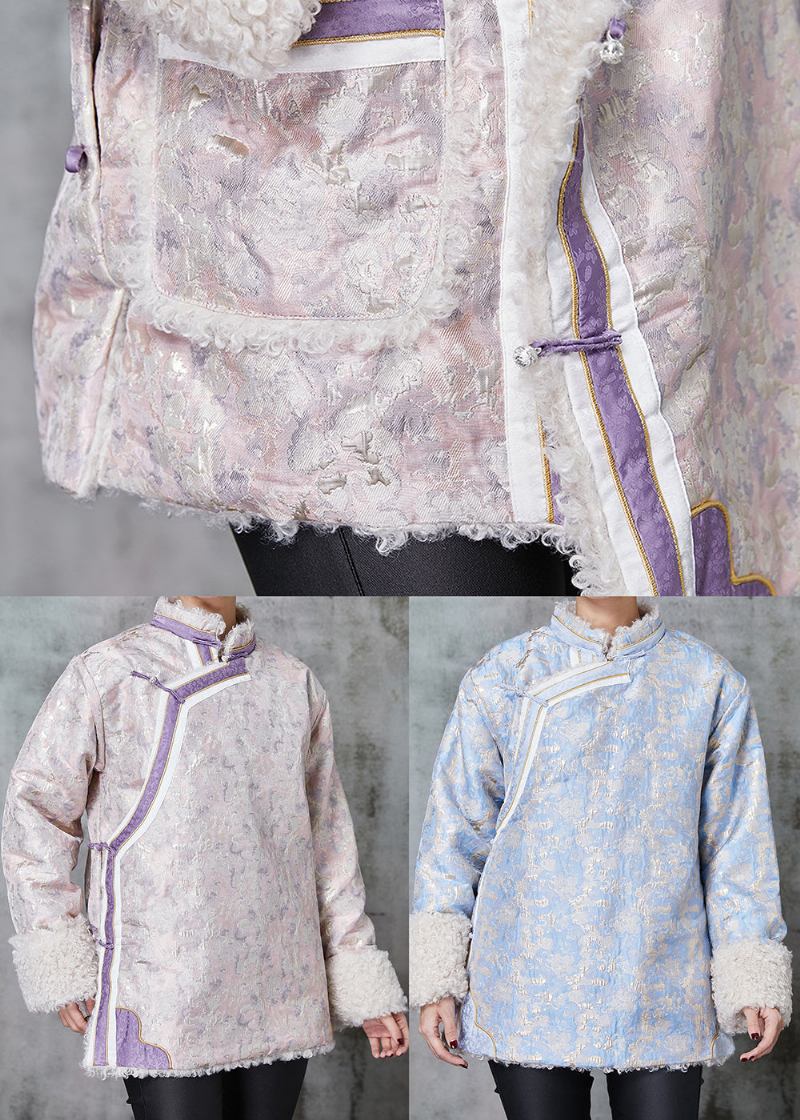 Blauer Jacquard-fleece-wollfuttermantel Oberbekleidung Chinesischer Knopf Frühling - Damen-Wollmäntel