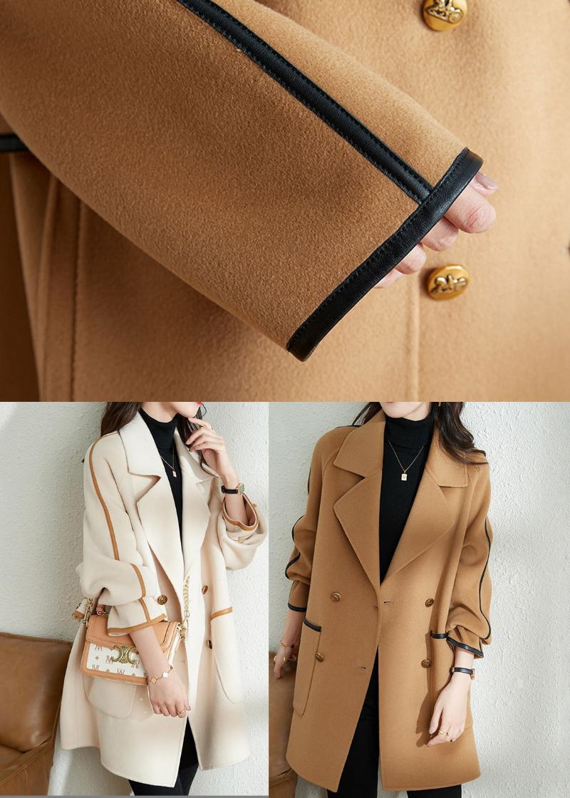 Bohemianischer Wolltrenchcoat Aus Pu Mit Weißem Revers Und Patchwork Herbst - Damen-Wollmäntel