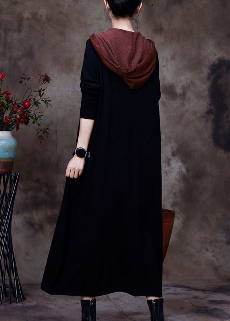 Boho-sweatshirtkleid Aus Schwarzem Wollstoff Mit Kapuze Für Den Winter - Schwarz