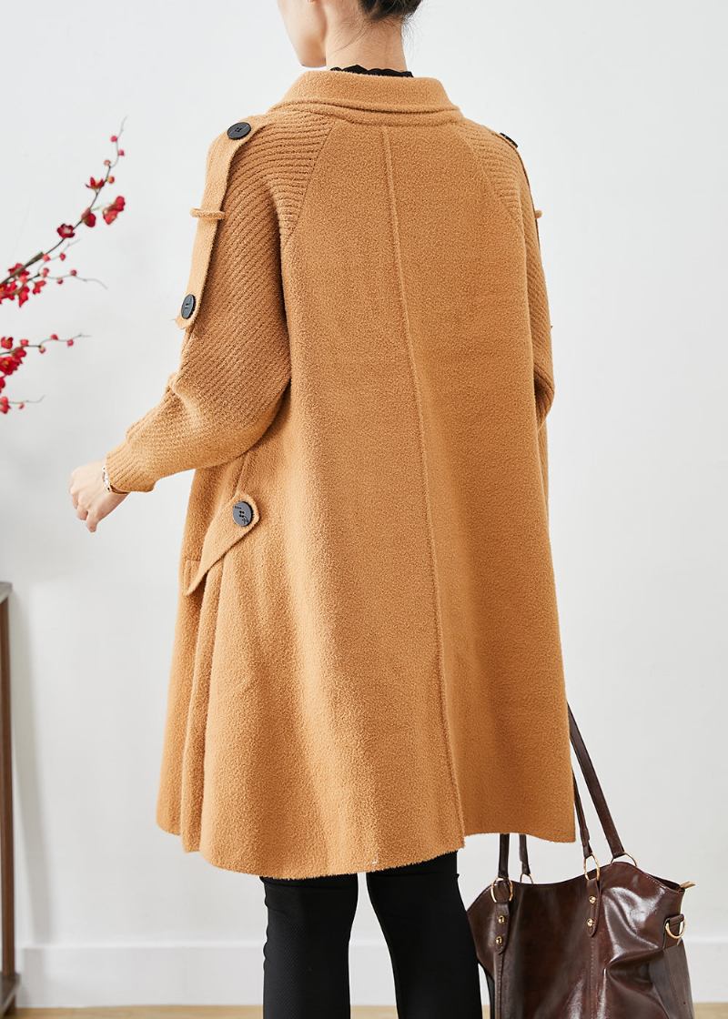 Boho-trenchcoat Aus Hellem Kamelhaar Mit Zweireihigem Patchwork-strick Herbst - Damen-Wollmäntel