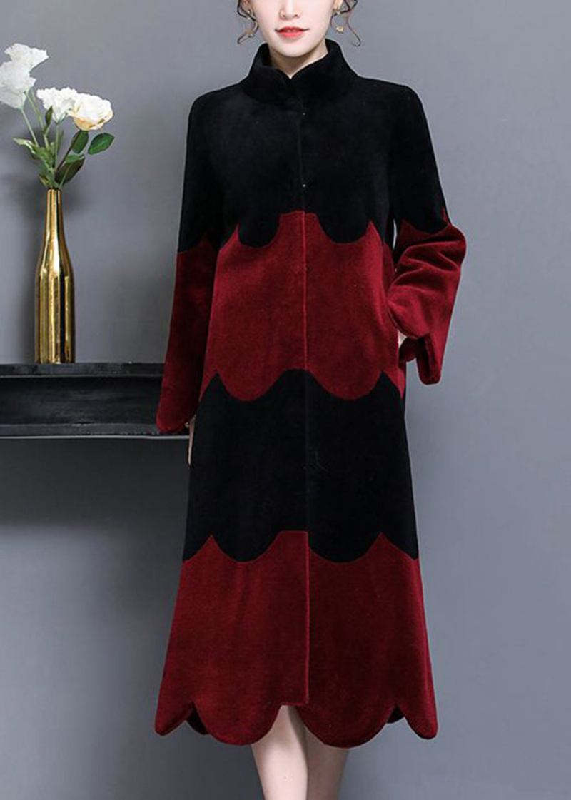 Boho-wollmantel Mit Patchwork-stehkragen Im Schwarz-rot-stil Im Winter - Damen-Wollmäntel