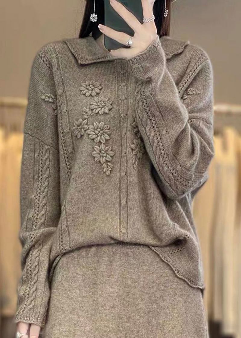 Boutique-beige-wollstrickpullover Aus Wollstrick Mit Rüschen Und Patchwork-muster Und Blumenmuster Frühling - Beige