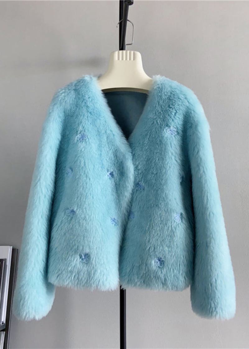 Boutique-kurzmantel Aus Blauer Wolle Mit V-ausschnitt Und Blumenmuster Für Den Winter