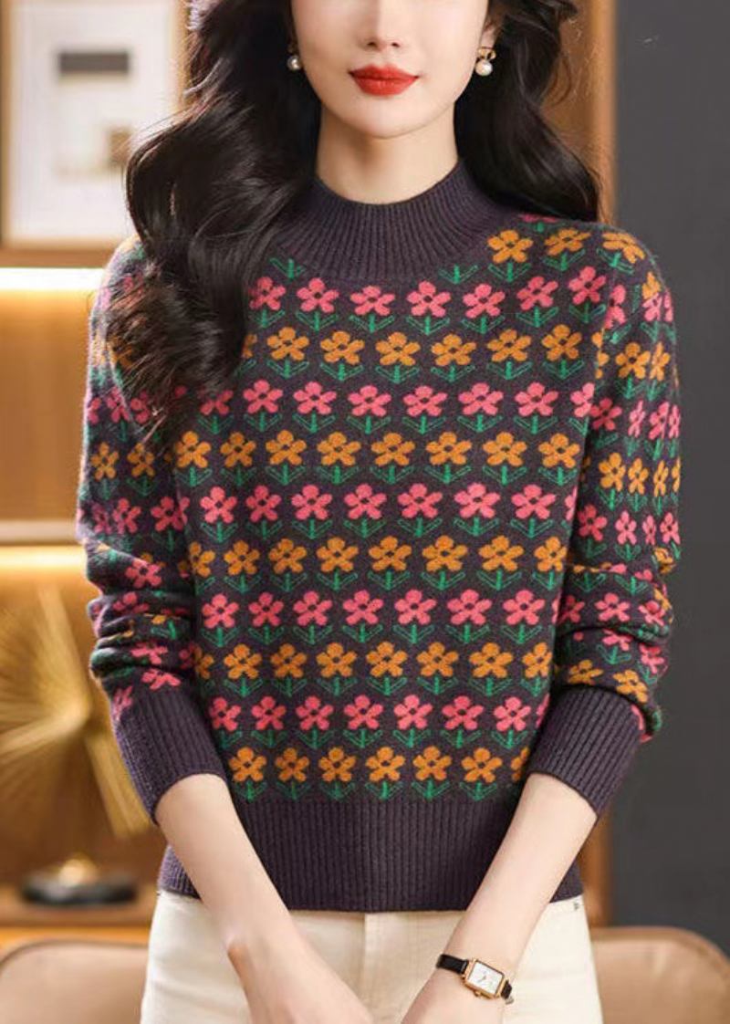 Boutique Lila Langärmliger Jacquard-pullover Aus Wolle Mit Halbem Hohem Halsausschnitt