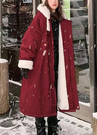 Boutique Roter Mit Reißverschlusstaschen Versehener Dicker Langer Parka Mit Kapuze Aus Fleecewolle Winter